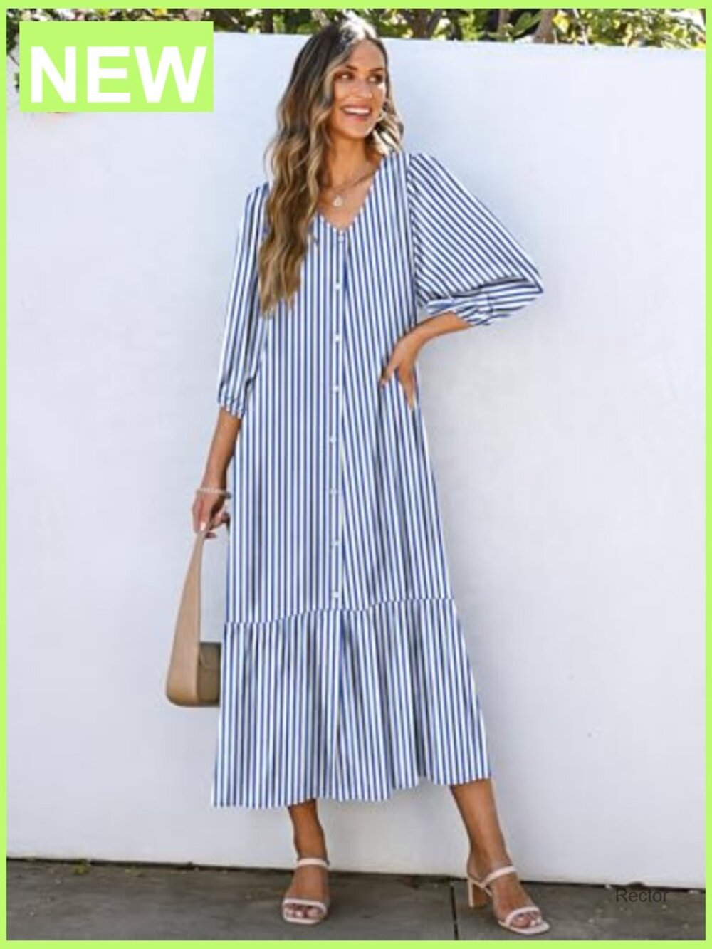 Boho Maxi Dress Puff Sleeve V Neck Flowy Long with Pockets - Picture 2 of 7